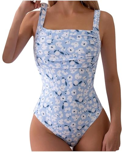Swimsuits for Women UK Clearance,Ladies One Piece Swimming Costume Polka Dot Tummy Control Sexy Square Neck Ruched Swimwear Padded Beach Bathing Suits Vintage Bikini Push Up Monokinis Light Blue