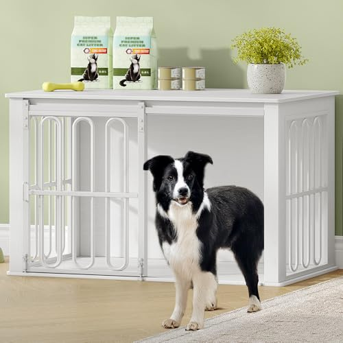HEXCELEN Dog Crate Furniture, 100 × 60 × 62.4 cm, Wooden Dog Crate with Double Doors, Sliding Doors, End Side Table Animal Crates for Small Medium Dogs, White, Animal Cage Furniture for Home