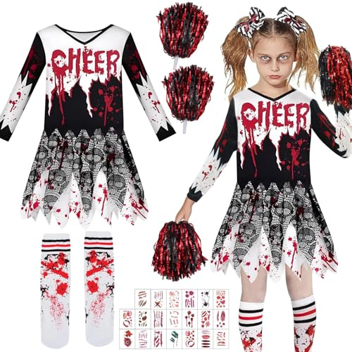 Cheerleader Kostym, halloween, kostym, zombie barn, flickor, cheerleader-klänning med poms, strumpor, halloweentatueringar, zombie cheerleaderkostym, blodig skräck, outfit, flicka för karneval