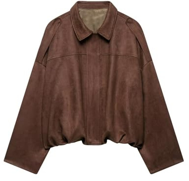 Suede Jackets for Women Y2K Faux Suede Jacket Full Zip Batwing Sleeve Lapel Cropped Outerwear Ladies Fashion Casual Going Out Coats (Z01-Brown, M)