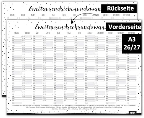 Timr väggkalender 2026 inkl. 2027 prickmotiv - DIN A3 kalender 12 månader dubbelsidig I tr397 | 12 månader, kalendarium 2026 på baksidan, tryckt på båda sidor, 350 g/m², 420 x 297 mm