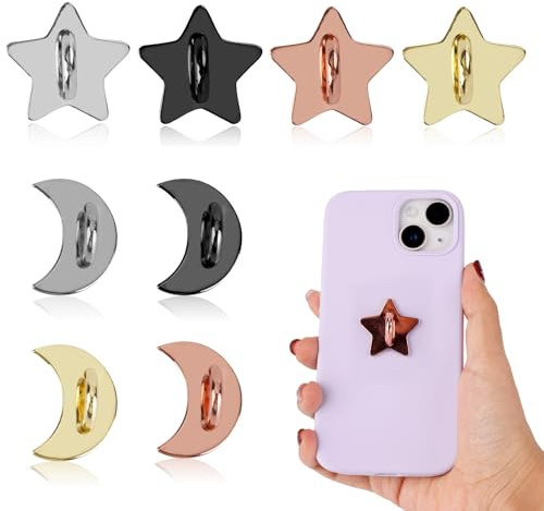 8 Ganci Ciondoli per Telefono, Anello Adesivo a Forma di Luna e Stelle di Ferro Supporto Anello da Dito Smartphone Accessori Fai da te per Custodia Cellulare Tablet (4 Colori)