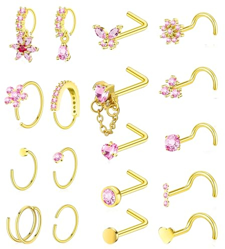 BSJ4U Gold Plated Nose Rings for Women Men Stainless Steel Hypoallergenic Nose Piercing Jewelry 20G L Shaped Corkscrew Nose Rings Hoops Heart Butterfly Flower Pink CZ Nose Studs