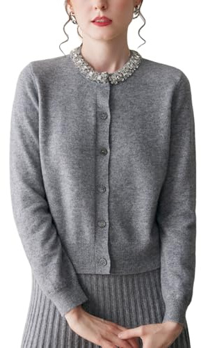 WEWE Gilet Cachemire Femme Col Rond Uni Gilet Tricoté Ajust Manches Longues Fin Cardigan en Cachemire et Laine,Gris,EU 42,MY2559