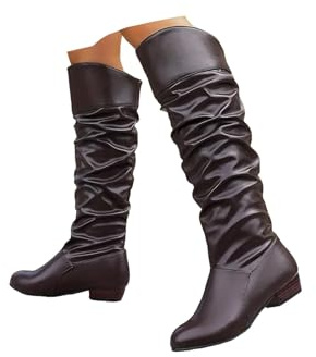 Coffee Slouchy Knee High Boots for Women UK,Low Chunky Heel Boot with Side Zipper Round Toe Booties Ladies Casual Suede Shoes Winter Non Slip Dressy Comforable Wedge Warm Wide Flat Booties