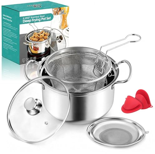 OPENICE Deep Fryer Pot with Basket, Stainless Steel Frying Pot with Basket Lid and Oil Strainer for Stove Top Frying, Boiling, 4.25qt Small Fryer Pot for 1-3 Peoples
