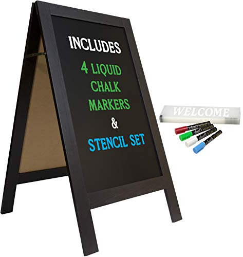 Large Sturdy Handcrafted 40 x 20 Wooden A-Frame Chalkboard Display / 4 Liquid Chalk Markers & Stencil Set/Sidewalk Chalkboard Sign Sandwich Board/Chalk Board Standing Sign (Black)
