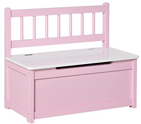 HOMCOM 2 In 1 Wooden Toy Box, Kids Seat Bench Storage Chest Cabinet Organiser w/Safety Pneumatic Rod, 60 x 30 x 50cm - Pink