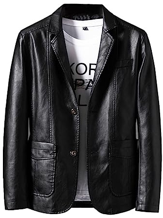 Rayiisuy Mens PU Leather Blazer Men's Casual Single Button Suit Coat Slim Fit Lapel Black Jackets For Men Stylish Faux Leather Outwear (Black, L),Large(XY-903)