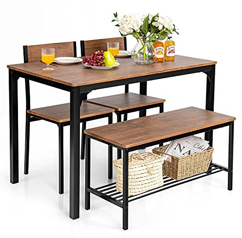 Giantex Dining Table Set for 4, 43 Kitchen Table and Chairs, Dining Bench with Metal Frame & Storage Rack, 4-Piece Modern Functional Desk Set for Dinette, Small Space, Apartment, Restaurant, Walnut
