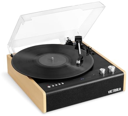 Victrola Eastwood – Bluetooth Record Player – 3-Speed Turntable, Premium MM Cartridge, Vinyl Stream for Wireless Streaming, Removable Dust Cover, Built-in Speakers (Bamboo)