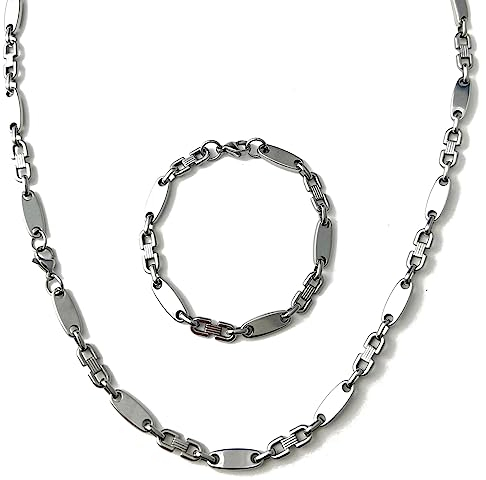 ayados Plattenkette Set Edelstahl 60cm 4mm bis 10,5mm Cuban Halskette + Armband Platten Kette (4mm x 60cm, Plattenkette Silber)