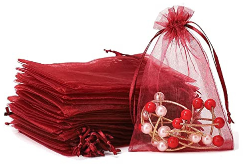 100 Pezzi Sacchetti Organza 9x12 cm in Rosso, Borse Regalo con Coulisse per Matrimonio, Portaconfetti, Caramella e Gioielli