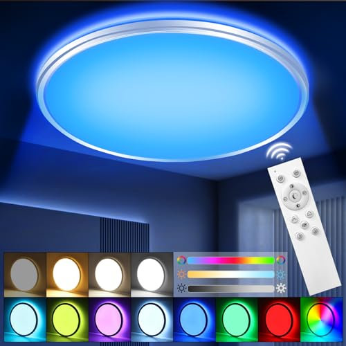 RGB LED Ceiling Light Dimmable with Remote Control，24W/3000LM Flat Circular Ceiling Lights,3000K-6500K,10 Level Brightness Adjustment,7 RGB Ceiling Lights for Bedroom,Bathroom,Living Room, Kitchen