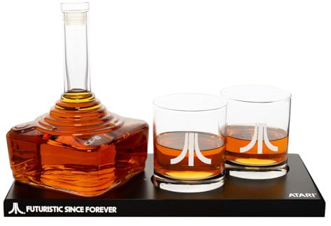 Juego de decantador oficial de Atari Joystick con 2 vasos de whisky Atari Action Button y bandeja CX78+, para whisky, escocés y ginebra, decantador de 750 ml, vasos de 300 ml, regalo de cumpleaños