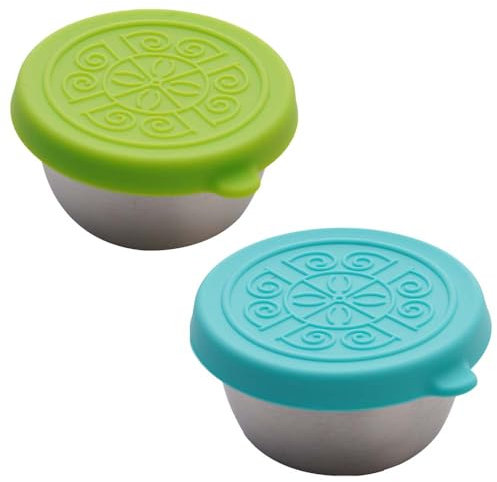 WIKEXINGLONGER 2 Packs Salad Dressing Container Small Stainless Steel Condiment Containers Cups with Silicone Lids Reusable Dipping Sauce Cups for Lunch Bento Box Food Storage Containers