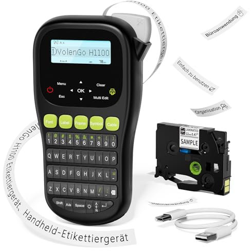 VolenGo Beschriftungsgerät, H1100 Label Printer, Etikettiergerät mit QWERTY Tastatur, Beschriftungsgerät selbstklebend mit 12mm Schriftbändern, mit LCD-Hintergrundbeleuchtung Display
