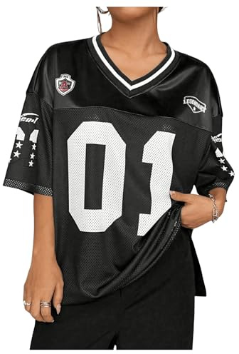 WDIRARA Women's Plus Size Football Jersey Shirts Oversized T Shirt Graphic Letter Print V Neck Short Sleeve Streetwear Top Black 3X-Large Plus