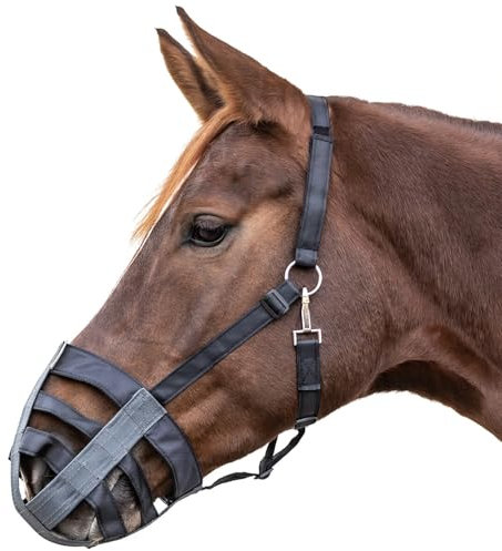Marengos - Maulkorb Textil – Fressbremse Pferd & Pony – zur Kontrolle von Grasverzehr & bei Krankheit – gefüttert & stufenlos einstellbar – Fressschutz in Schwarz/Grau für Warmblut