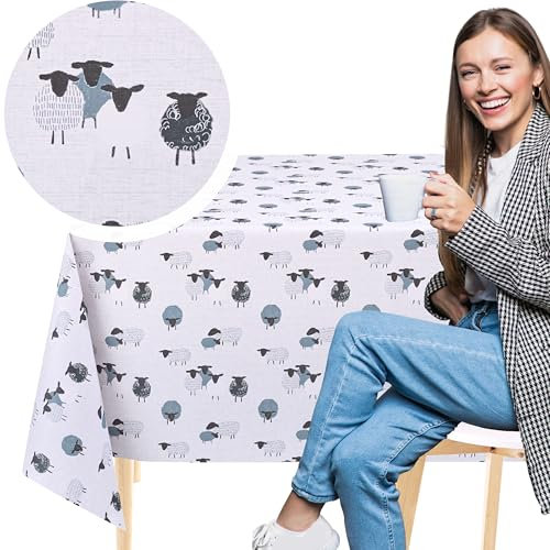 KP HOME Grey PVC Table Cloth Wipe Clean Tablecloth in Cute Sheep Pattern - Square 55.1x 55.1 - 140x140 cm Wipeable Plastic Table Cover for Kids Children Oilcloth Waterproof Vinyl Outdoor Protector