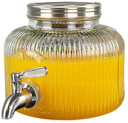 2,5 Liter Glas-Getränkespender mit Zapfhahn für den Kühlschrank, Edelstahl-Zapfhahn, Wasserspender-/Saftbehälter, rund, transparent