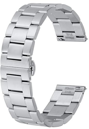 BISONSTRAP Hochleistungs Metall Uhrenarmband 20mm, Konisch Aulaufende Armband, 316L-Edelstahl, Faltschließe, Silber