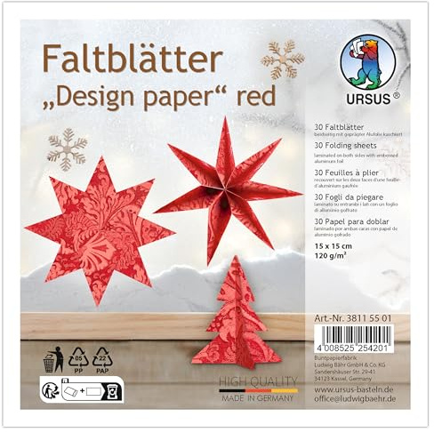 Ursus 3811 55 01 - Hojas plegables Papel de diseño rojo, 30 unidades, 15 x 15 cm, 120 g/m², plastificado por ambas caras con papel de aluminio gofrado, papel craft para origami, plegado y decoración