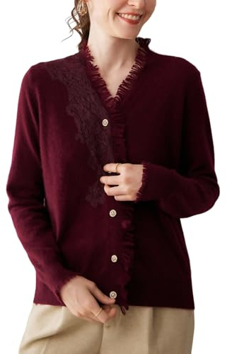 DISSA MD6868 - Cardigan da donna in cashmere e lana, con scollo a V, a maniche lunghe, tinta unita, Bordeaux, 50