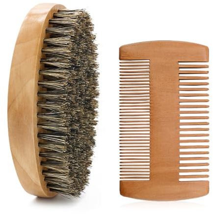 Beard Brush Moustache Comb Set Solid Wood Boar Bristle Beard Brush for Men Ergonomic Facial Hair Grooming Tool for Combing Beard Hair Removing Debris
