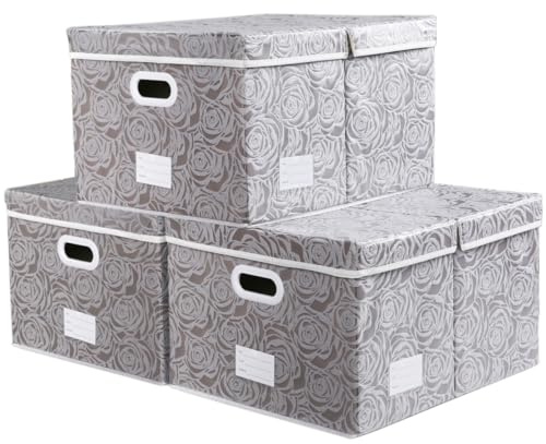 Prandom Cajas almacenaje con tapa grandes,Cubos de almacenamiento decorativas,plegables,cestas organizadoras con asas para,gris,58x40x30cm,paquete de 3