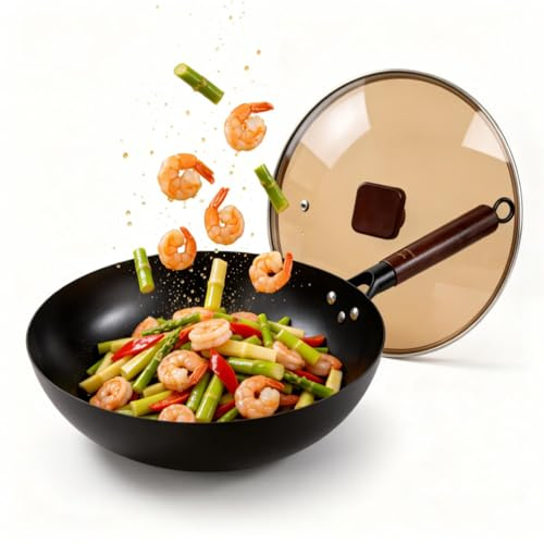 Calmabode 13 Pre-Seasoned Carbon Steel Flat Bottom Wok - Fast, Even Heating - Works on Gas, Electric & Induction - Durable Commercial-Grade - Ready-to-Use, Easy Maintenance - Toxin-Free Cooking