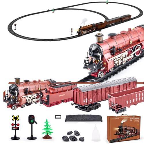 Set de trenes eléctricos, modelo de locomotora de aleación con vagón y vía larga, silbato/control de humo, regalo divertido para adolescentes y adultos (modelo 22918/rojo)