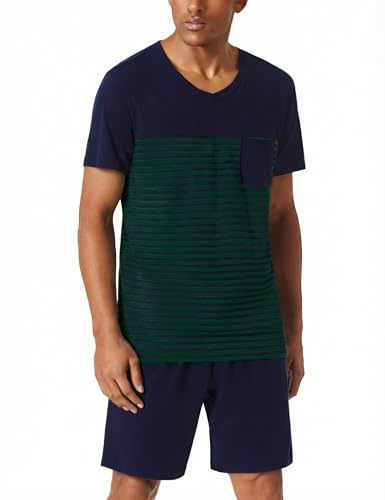 Litherday Pyjama Homme Été Coton Ensembles de Pyjamas à Doux Manches Courtes Col V Vêtements De Nuit Rayures Deux Pièces