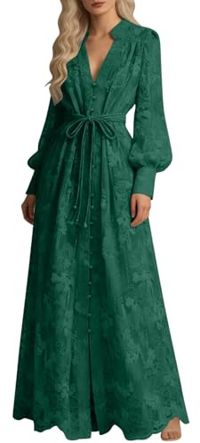 Eauptffy Robe longue pour femme - Printemps cintrée - Col en V brodé - Manches ballon, O Vert., M