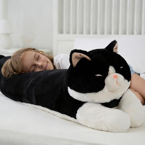 Dalmao Peluche chat noir et blanc - 120 cm - Long chat en peluche comme coussin de câlin/coussin de corps - Doudou doux pour enfants et adultes