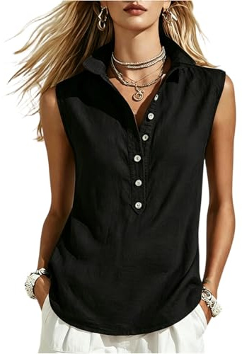 Lino Camisetas Tirantes Mujer Cuello con Botones Color Liso - Ropa Verano Mujer Camisetas Cómodos Exquisito Blusas Moda Suave, Top Calle Vacaciones Negro L