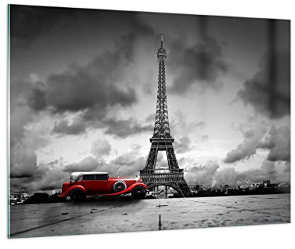 Bilder auf Glas 100x70cm Glasbild Auto Eiffle Paris Stadt Groß Wanddeko Bild im Glas Schlafzimmer Küche Deko Wandbilder Dekoration Wohnzimmer Modern Wall Decor Wand Kunstdruck Art GAA100x70-2828