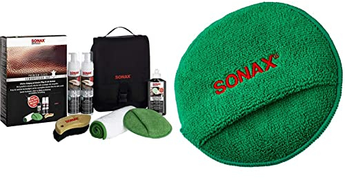 SONAX PremiumClass LederPflegeSet (3x 250 ml) inkl. 2x LederReinger, 1x LederPflegeCreme, 1x MicrofaserTuch; 1x MicrofaserPflegePad, 1x IntensivreinigungsBürste & MicrofaserPflegePad (1 Stück)