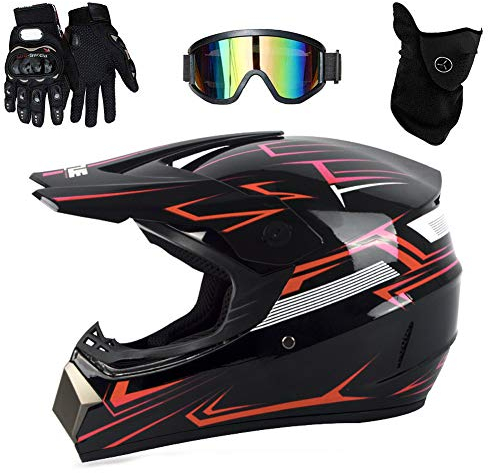 UIGJIOG Motorrad Crosshelm mit Brille (4 Stück) - Adult Motocross Helm Erwachsener Off Road Fullface MTB Helm Mopedhelm Motorradhelm für Damen Herren Sicherheit Schutz,Rot,M(54~55cm)