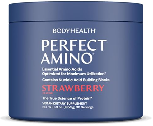 BodyHealth PerfectAmino Powder - BCAA and EAA Powder for Pre and Post Workout - Amino Acid Energy Drink for Men and Women to Support Lean Muscle and Recovery - Strawberry - 30 Servings