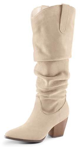 mysoft Women's Cowboy Knee-High Boots Pointed Toe Mid Chunky Heel Pull On Slouchy Boots with Zippers