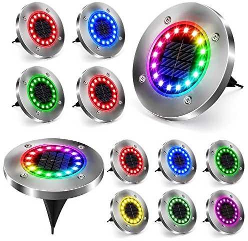 Brizled 12 Pack Color Changing Solar Ground Lights, 16 LED Outdoor Pathway Lights Landscape Lighting, Multicolor Solar Disk Light, Waterproof Disc Puck Light for Pathway Garden Yard Lawn Walkway Decor