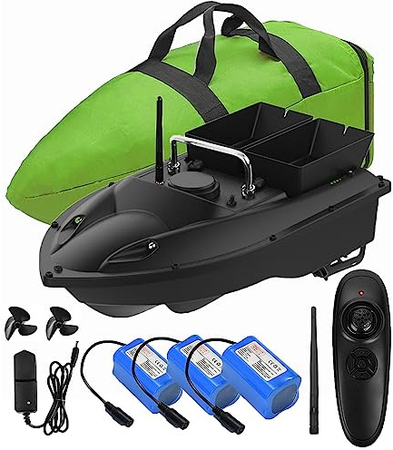 Bateau amorceur,12000mah Batteries de grande capacité Bateau amorceur pêche ,500m Télécommande,1.5kg Trémie de chargement.résistant au vent et aux vagues,avec sac à main. double bac à appâts black