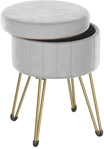 SONGMICS Storage Ottoman, Round Storage Stool Seat, 4 Metal Legs | Velvet dressing table stool, 39 x 44.4 cm (Dia. x H), for Dressing Room, Living Room, Dove Grey LOM003G52