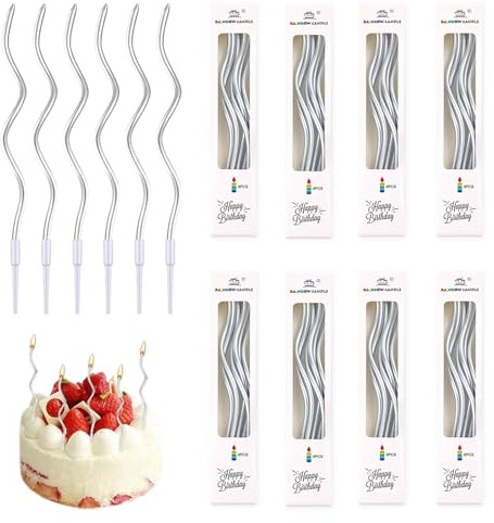 48 Pezzi Candeline Compleanno Argento, Candele a Spirale di Compleanno Metalliche Lunghe e Sottili Candele Torta con Supporti Perfette per Decorazioni di Torte di Compleanno Matrimoni Altri Eventi