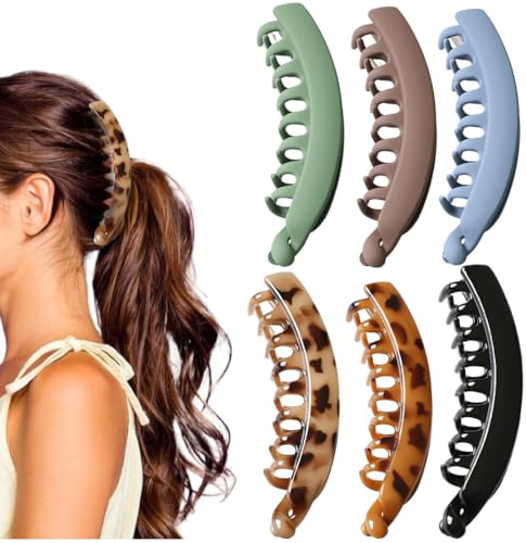 NHQZ 6 pinzas grandes tipo banana, pinzas vintage para cabello fino o grueso, antideslizantes, ideal para coletas (Tamaño grande)