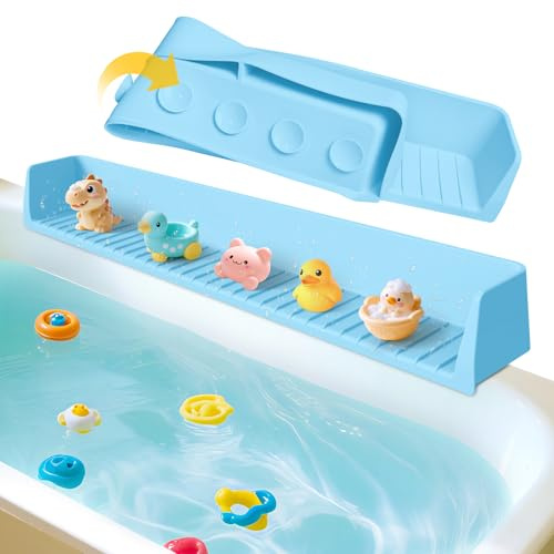Ganaj Silicone Bathtub Splash Guard for Kids, Splash Guard for Bathtub with 11 Suction Cups,Toy Tray Caddy Holder for Tub,Prevents Water Spills in Bathroom, Bathtub Shelf for Kids (Baby Blue)