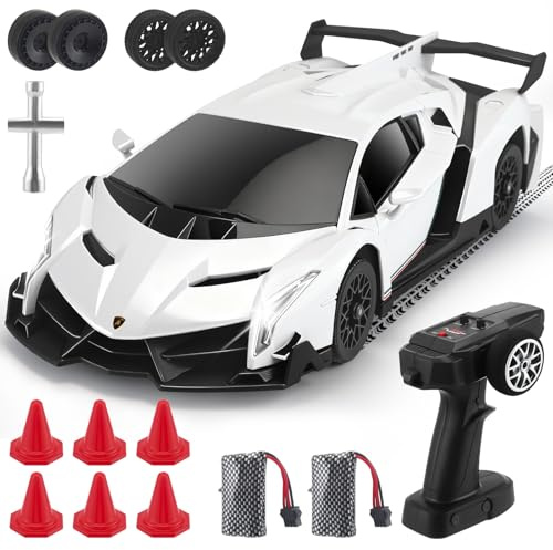 ExKeen Lamborghini RC Drift Car 1:18 4WD - Auto da corsa ad alta velocità da 35 km/h con luci a LED - Giocattolo da drift telecomandato completamente proporzionale, regalo per bambini, bianco