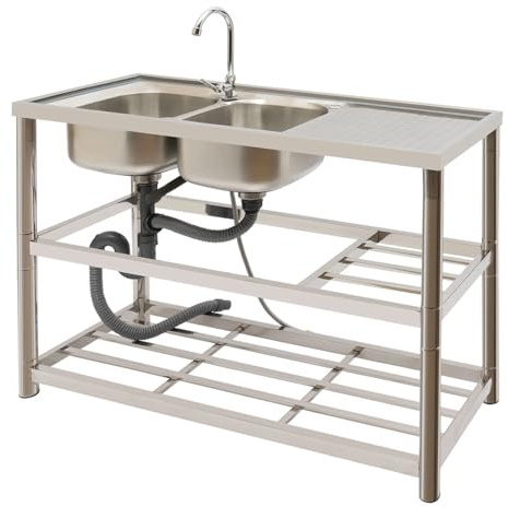 Fregadero doble de acero inoxidable independiente, con 2 lavabos de acero inoxidable 201, lavabo independiente para exteriores, con grifo de 360° y unidad de drenaje, para cocina, camping, exterior