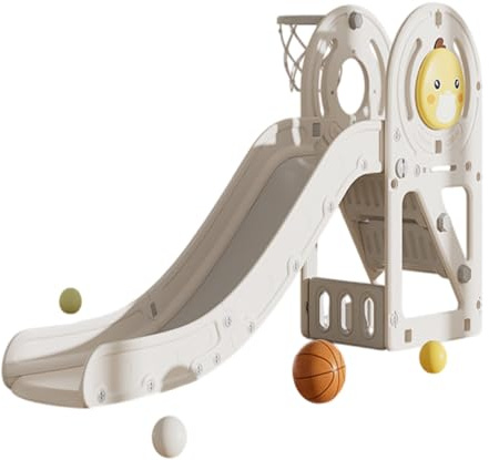 ROMARK Scivolo per Bambini con 3 Scalini e Canestro Basket, Scivolo da Interno ed Esterno, 186x77x100 cm, Bianco e Grigio